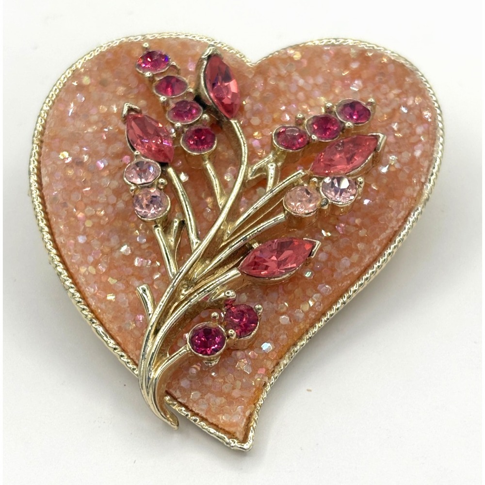 Vintage Coro Signed Heart Brooch Pink Rhinestone Floral Spray Glitter Resin 1950